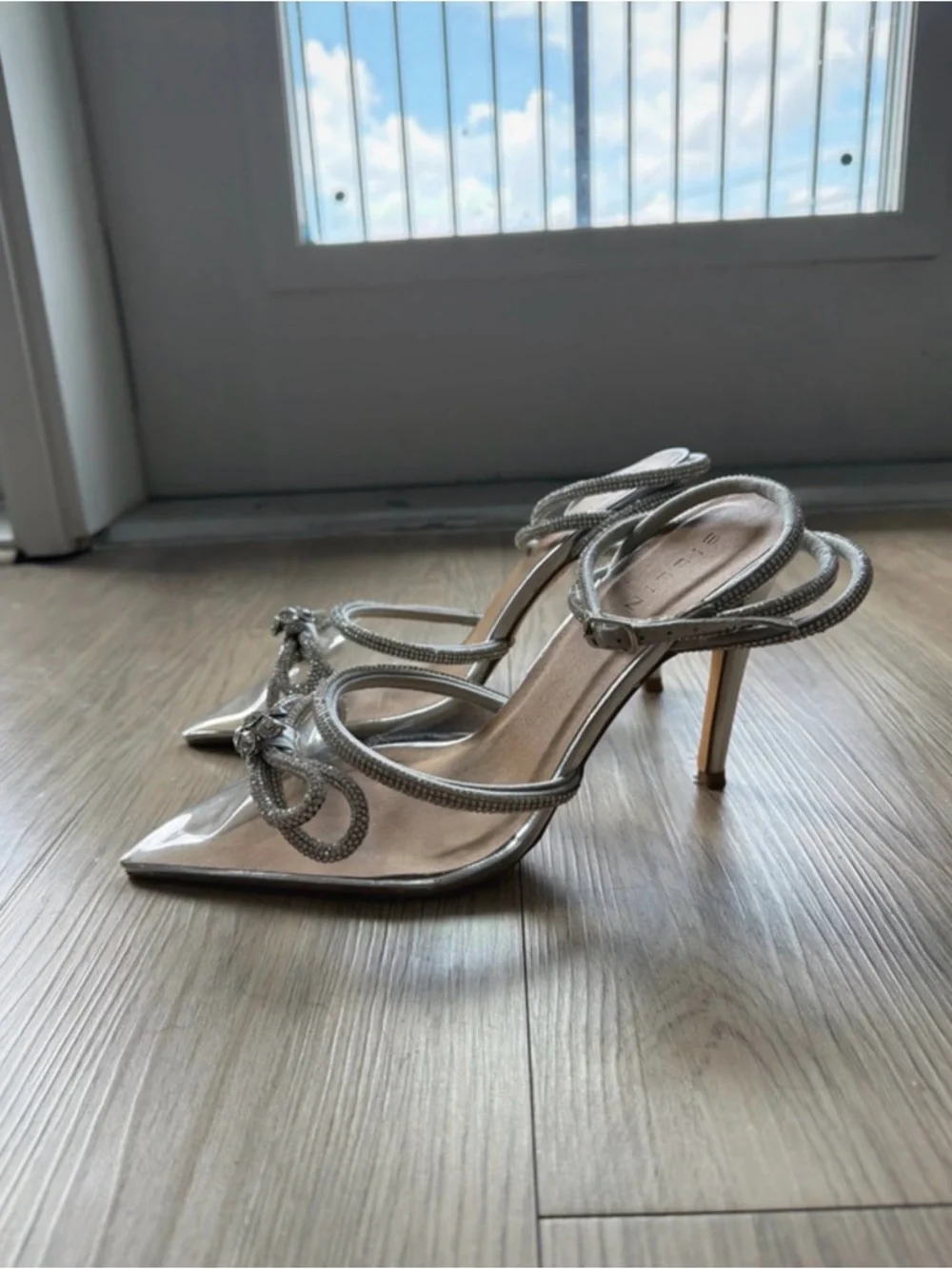 Billini Silver Pointed Toe Ankle-Strap Heels with Crystal Bow